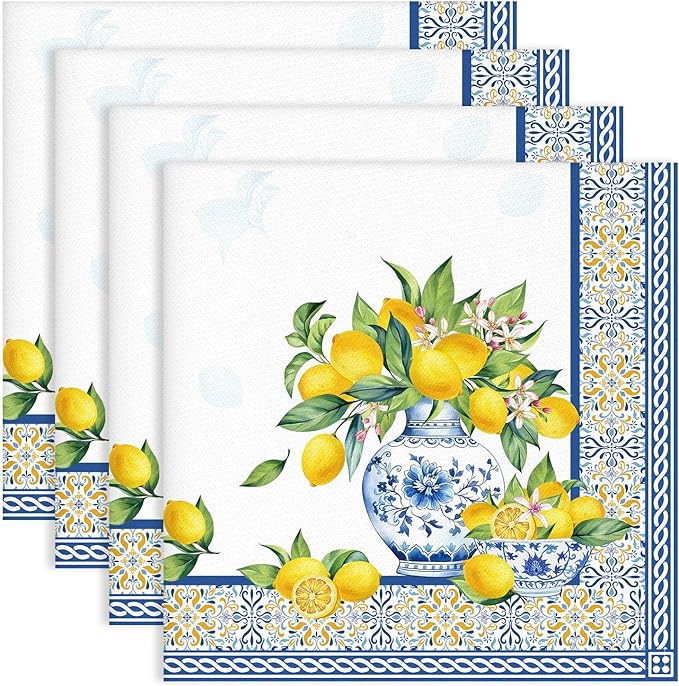 Lemon Napkins, 18×18 Inch Yellow Blue Dinner Cloth Napkins Set of 4, Washable Cotton Soft Absorbent Square Napkins for Dining Kitchen Party Wedding Decoration