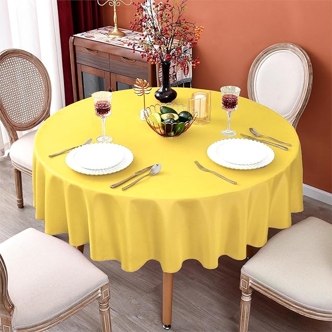 MEANMOY 2 Pack Yellow 210 GSM Water & Stain Resistant Round Tablecloth - Solid 70 Inch Circle Table Cloth Cover in Wrinkle Free Washable Wipe Clean Polyester for Wedding, Party, Banquet (2 Pcs)