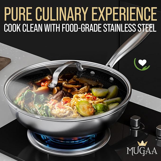 MUGAA Woks & Stir-Fry Pans Nonstick 11" Stainless Steel Wok Pan with Lid | Tri-Ply Honeycomb Hybrid Stir Fry Pan | Induction & Oven Safe | Dishwasher Safe