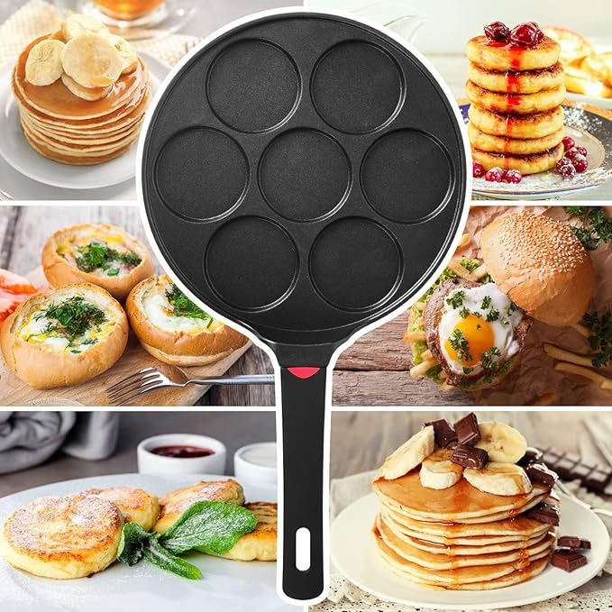 CAINFY Pancake Pan Maker Nonstick Induction Compatible, 10.5 Inch Mini Non Stick Silver Dollar Grill Blini Griddle Crepe Pan,7 Molds Cake Egg Cooker Skillet for Kids Gifts