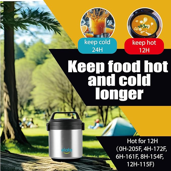 Elate 2-Quart Camp Crock Thermos for Hot/Cold Food | 64oz Stainless Steel Vacuum-Insulated Jar, Wide-Mouth Thermal Food Container, Portable Lunch Pot for Outdoor, Camping, Picnics, Trips, Potlucks