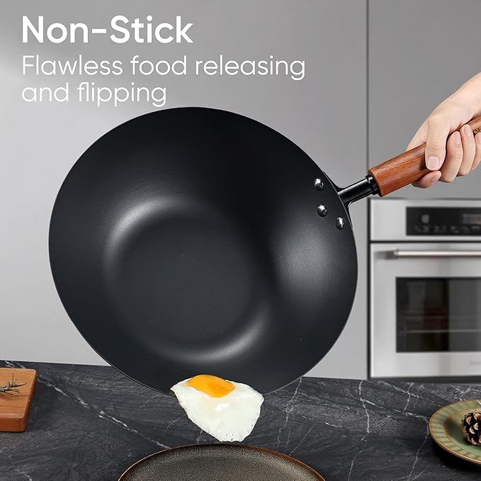 CAROTE 12.5" Carbon Steel Wok Pan, 6.5QT Woks & Stir-fry Pans Nonstick, No Chemical Coated Pre-Seasoned Flat Bottom Wok with Lid for Stir Fry, Chinese Cast Iron Wok Cooking Pan All Stovetop Compatible