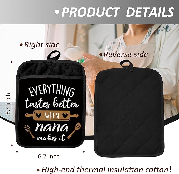 Nana Gifts Pot Holders with Pockets, Grandma Kitchen Gifts, Everything Tastes Better When Nana Makes It Pot Holders Heat Resistant Oven Mitts Hot Pads for Kitchen Baking