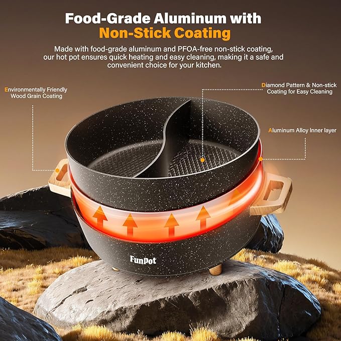 FunPot Electric Twin Compartment Hot Pot with Divider, Diamond grid embossed base, 1350W Temperature control, Large 6-Litre Capacity, Compact Woodgrain handles with Hollow Design