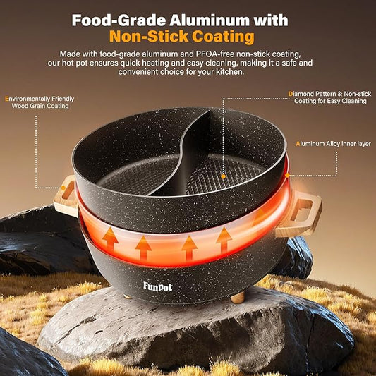 FunPot Electric Twin Compartment Hot Pot with Divider, Diamond grid embossed base, 1350W Temperature control, Large 6-Litre Capacity, Compact Woodgrain handles with Hollow Design