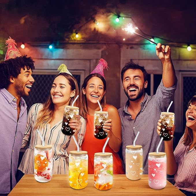 Glass Cups with Lids and Straws – 16oz Iced Coffee Tumblers, Heart Glass Cup Set of 6 for Cold Drinks, Brunch, Girls Night, Gift Use