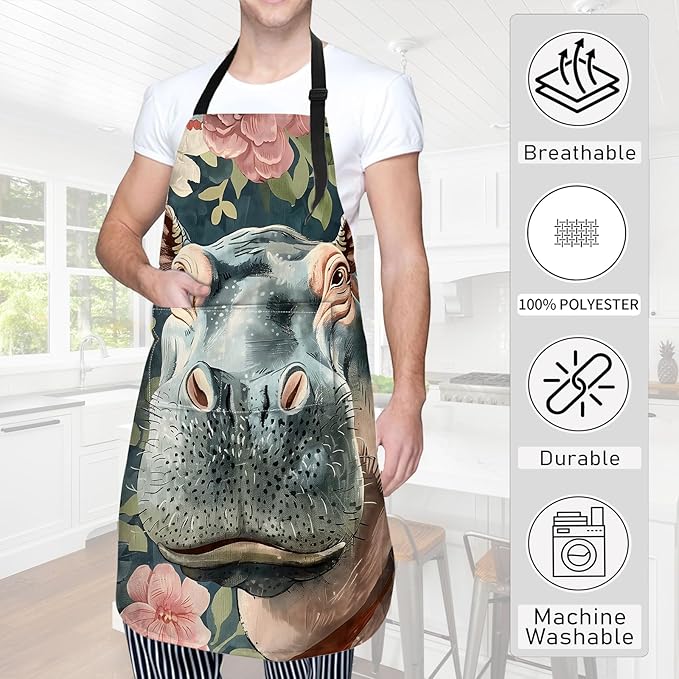 Hippo Apron Surrounded by Soft Pink Flowers Aprons Waterproof Oxford Polyester Adjustable Pockets Design for Cooking, Crafting, Garden Decor, Gifts for Adults, 28x33 Inch