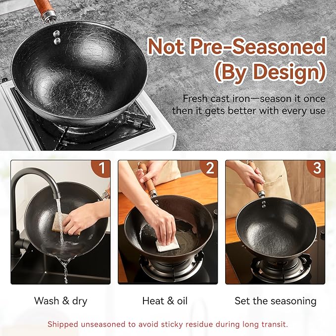 VIVIDCOOKWARE 10.2 Inch Cast Iron Wok with Glass Lid, Pre-Seasoned Flat Bottom Wok for Stir-Fry & Saute, Uncoated Iron Wok Pan for Electric, Gas & Induction Cooktops