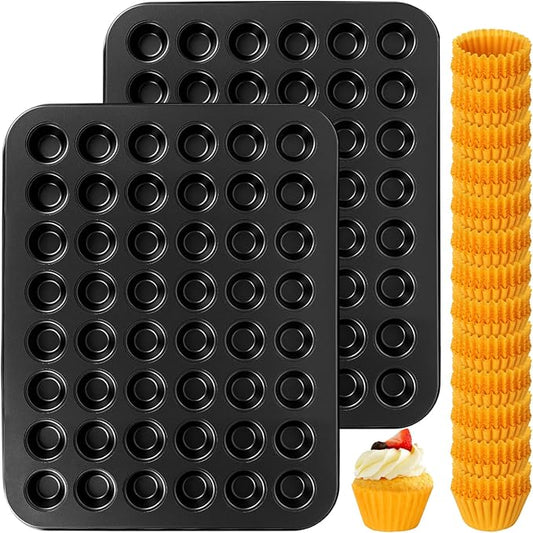 2 Pcs 48-Cup Mini Muffin Pans with 1000 Paper Cupcake Liners, Carbon Steel Nonstick Small Cupcake Pan, Round Mini Muffin Tin for Baking, Dishwasher Safe