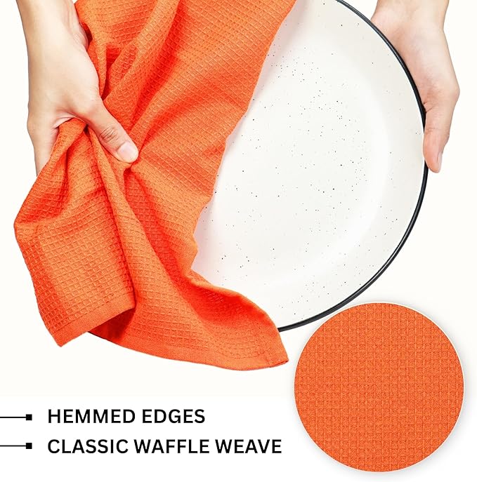 PurpleEssences Waffle Weave Kitchen Towel, 100% Cotton, 15x25 Inches, with Hanging Loop Ultra Soft Absorbent Quick Drying Dish Cloth, Tea and Hand Towels, 4 Pack - Christmas Holiday Winter - Orange
