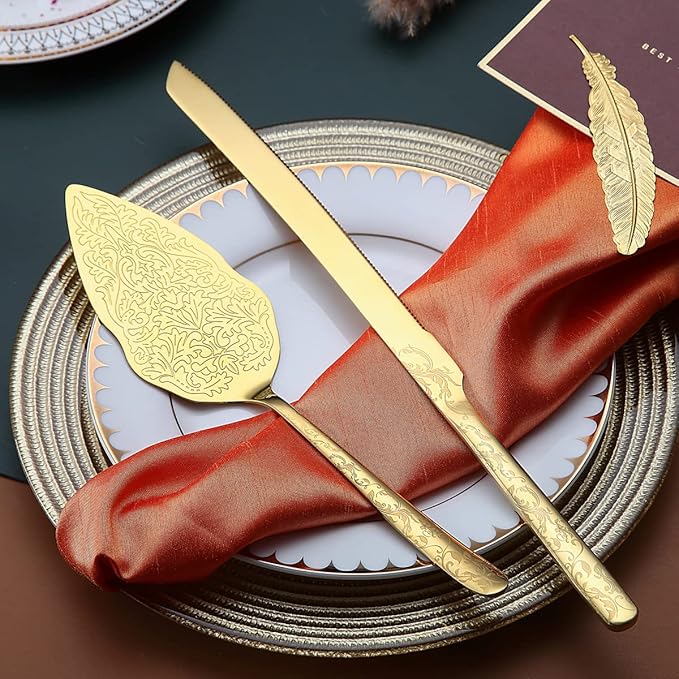 Berglander Gold Wedding Cake Knife and Server Set, Titanium Gold Plating With Unique Pattern Design Cake Cutter Serving Set Perfect For Wedding, Birthday, Parties and Events Dishwasher Safe