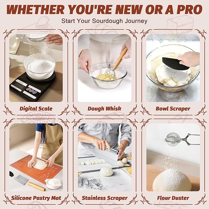 EWFEN Sourdough Starter Kit with Enamel Cast Iron Pot, Complete Sourdough Bread Baking Supplies, Round & Oval Bread Proofing Basket with 34 Oz Starter Jar, Bread Making Tools Kit