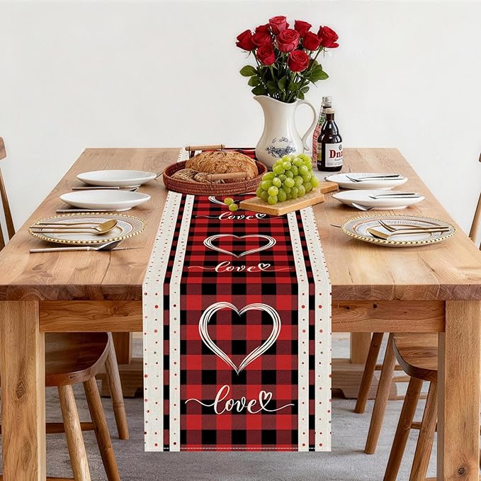 Valentines Day Table Runner 13x90 Inch, Buffalo Plaid Love Hearts Valentine Table Runner, Anniversary Home Kitchen Dining Table Holiday Party Decorations