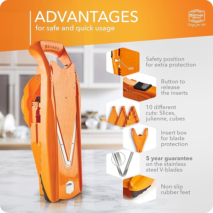 Börner Mandoline Slicer V5 (Plus Set) • Adjustable Vegetable V-Slicer with Extra Accessories + Peeler • Kitchen Slicer For Slices, Strips, Dices • Stainless Steel V-Blade • Color: Orange
