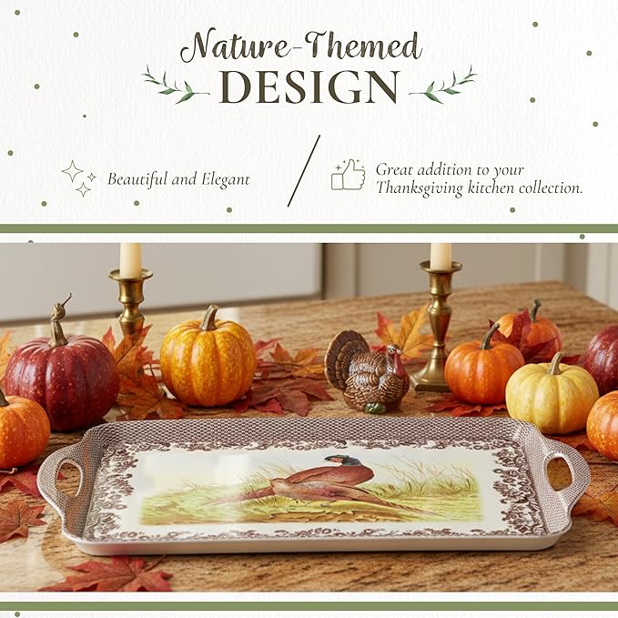 Pimpernel Woodland Large Handled Tray- Large Rectangular Melamine Serving Tray with Nature-Inspired Forest Design - Dishwasher Safe Platter for Snacks Breakfast Lunch or Seasonal Kitchen Table Display
