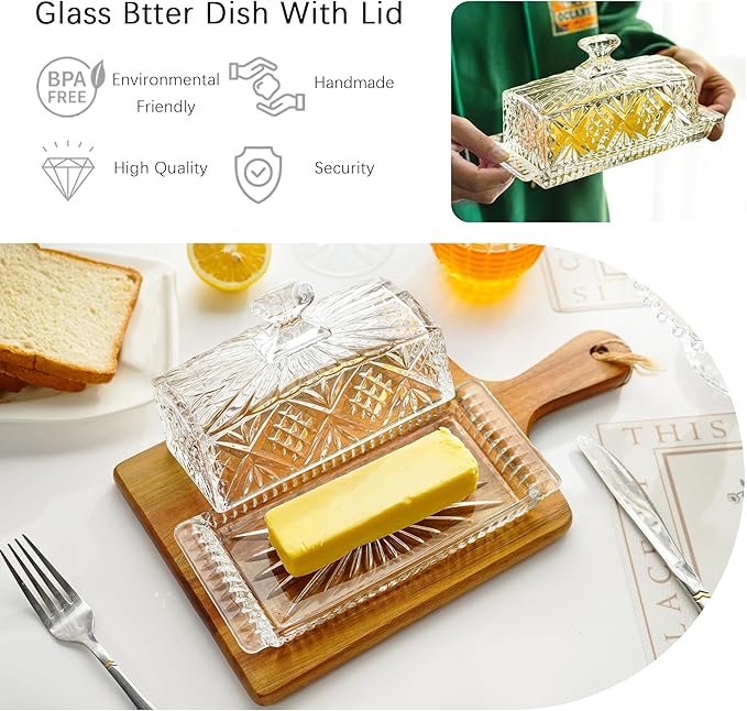 Crystal Covered Butter Dish,8inch Classic Glass 2-Piece Design Butter Keeper with Lid | Butter Holder | Dishwasher Safe