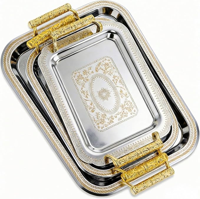 3 Pack Stainless Steel Serving Tray with Gold Handle Silver Metal Plate Platter Coffee Tea Serving Tray Floral Table Platter for Buffet Wedding Party Jewelry, 12" x 8", 13" x 9", 16" x 14"