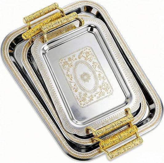 3 Pack Stainless Steel Serving Tray with Gold Handle Silver Metal Plate Platter Coffee Tea Serving Tray Floral Table Platter for Buffet Wedding Party Jewelry, 12" x 8", 13" x 9", 16" x 14"