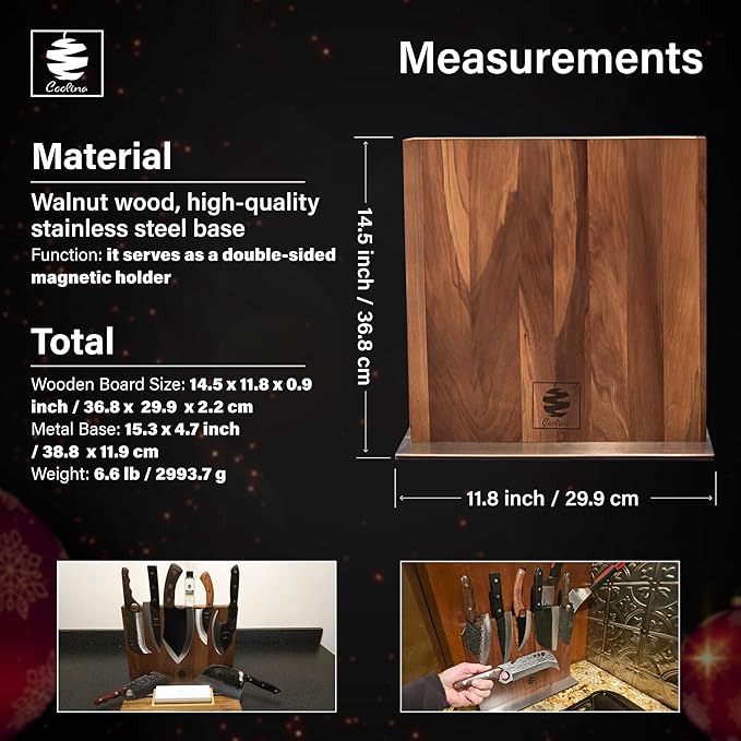 Coolina Walnut Magnetic Knife Holder, Elegant Design Knives Block Stand, Multifunctional, Double Side Magnets with Steel Base