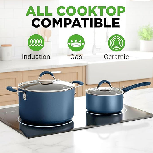 NutriChef Professional 20 Pc Kitchen Set in Navy Blue - Durable Non-Stick Pots and Pans with Bakeware, Compatible with Any Cooktop, Easy Clean