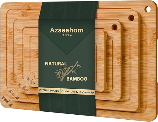 Bamboo Cutting Boards for Kitchen, 4-Piece Wood Cutting Board Set with Juice Grooves & Built-in Handles, Easy Storage & Clean Chopping Board for Meat, Vegetables, Fruit