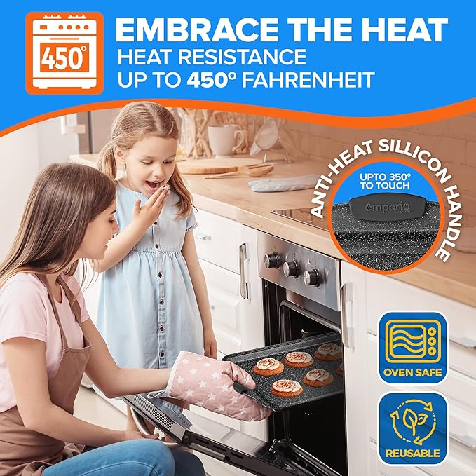 Emporio Kitchen Baking Pan Set - Nonstick Coating, Carbon Steel Bakeware Sets with Gray Silicone Handles, PFOA, PFOS, PTFE Free, Recipe Booklet Included, Oven Safe Tray (Up To 450° F), Set of 8 - Gray