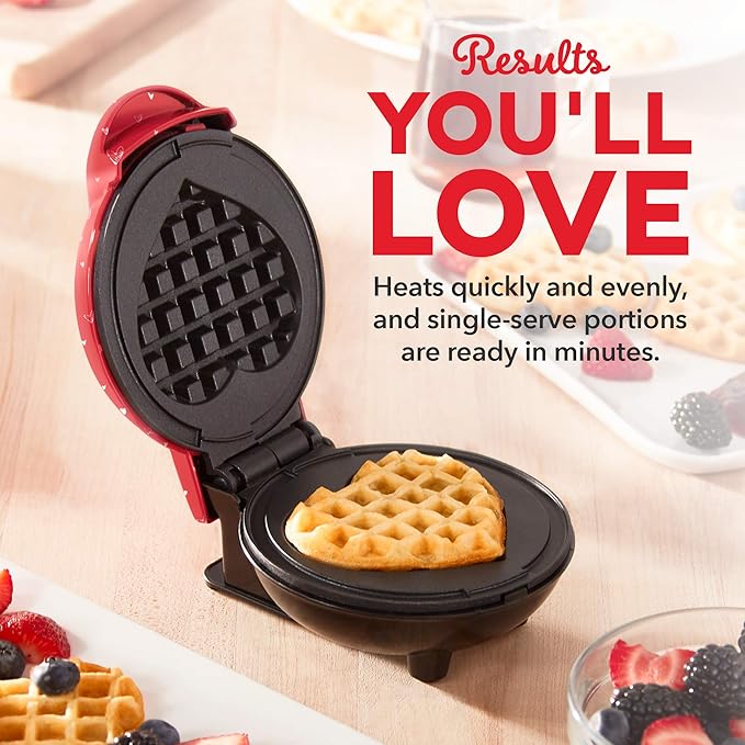 Dash Mini Waffle Maker- Electric Waffle Maker for Fun Breakfasts - Dual Nonstick Cooking Surface - Enjoy Fun, Family-Friendly Treats - Red Love Heart