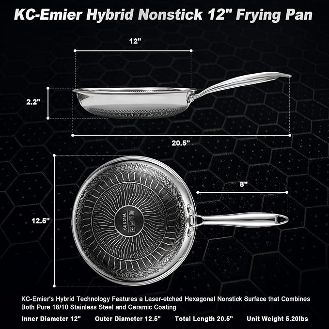 KC-Emier 12 Inch Non-Stick Frying Pan Tri-Ply Stainless Steel Pan with Stay-Cool Handle Oven & Dishwasher Safe For Induction, Ceramic & Gas Stovetops