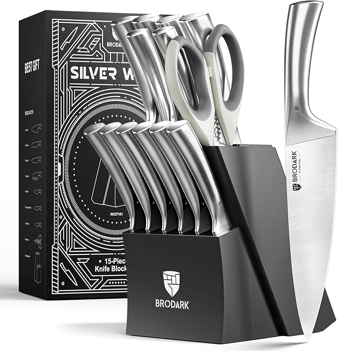 BRODARK Knife Block Set: Kitchen Knives Set with Block and Sharpener, 15 Pcs Ultra Sharp Chef knife, High Carbon Stainless Steel, Ergonomic Handle Non-Slip Grip, Silver Wolf Series with Gift Box
