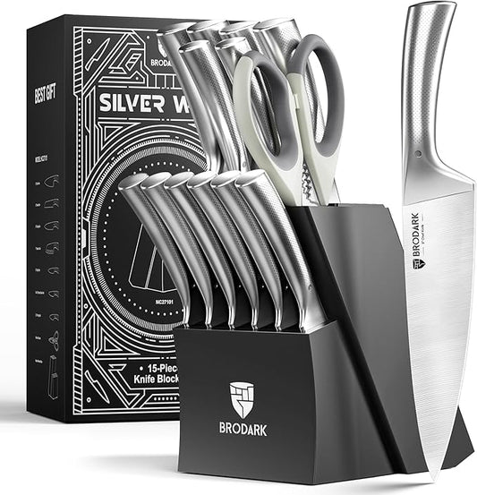 BRODARK Knife Block Set: Kitchen Knives Set with Block and Sharpener, 15 Pcs Ultra Sharp Chef knife, High Carbon Stainless Steel, Ergonomic Handle Non-Slip Grip, Silver Wolf Series with Gift Box