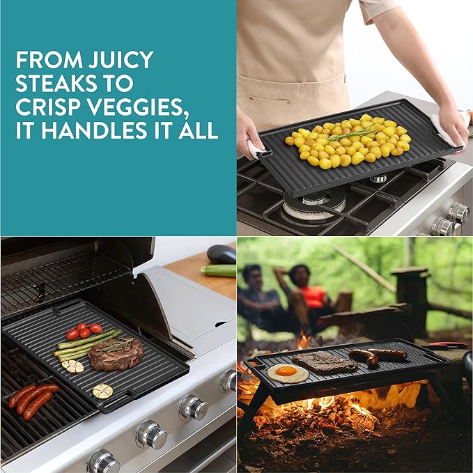 Navaris Reversible Cast Iron Grill/Griddle - 18.5" x 10.8"(47 x 27.5cm) Pre-Seasoned with Handles, Flat & Ribbed Rectangular Grill Plate, for Stove, Oven, Campfire, Heavy-Duty