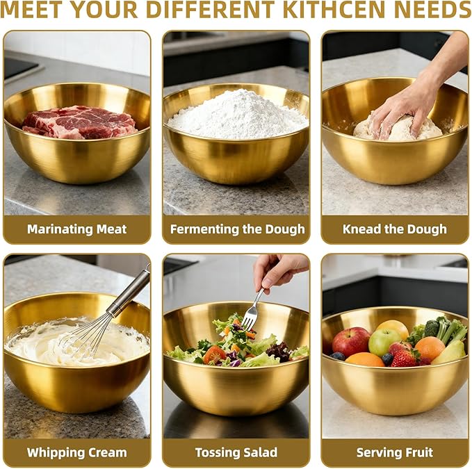 fecoqi 3-Piece Stainless Steel Golden Mixing Bowls (8.26") Metal Bowl with Measurement Marks, Dishwasher Safe & Stackable - Perfect for Baking, Salad Making, Meal Prep