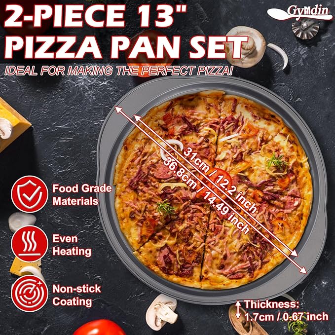 Gymdin Pizza Pan for Oven - 13" Round Pizza Pans with Holes(2 Pack), Non-stick Carbon Steel Pizza Trays with Handle, Easy to Clean & Oven Safe