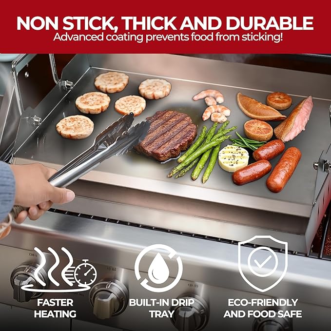 Universal Griddle for Gas Grill, 17" x 13" x 2.6" | Stainless Steel Griddle Pan for Breakfast & BBQ, Nonstick Flat-Top with Even Heat Distribution & Grease Groove - Ideal for Outdoor Cooking & Camping