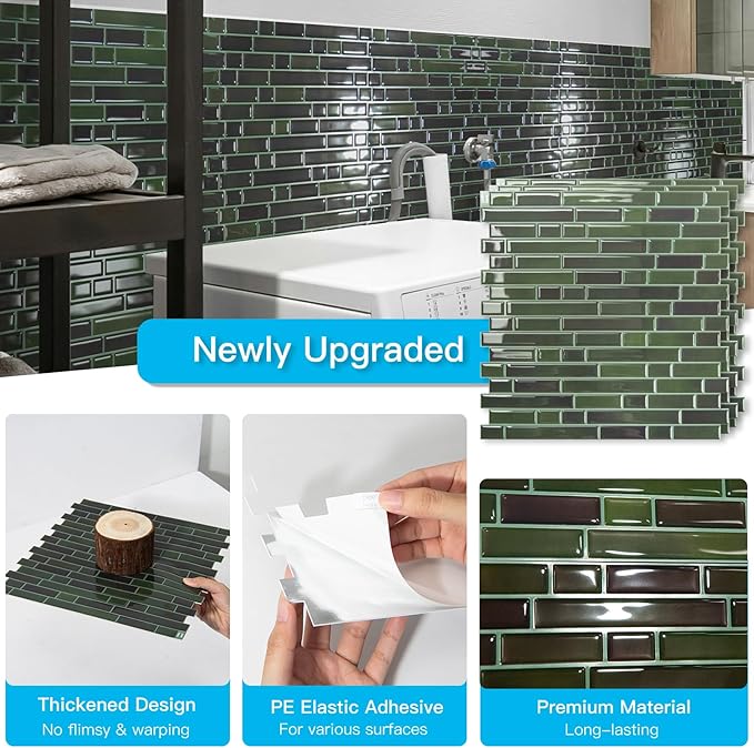 Art3d 10-Sheet Heavy-Duty Peel and Stick Backsplash, Waterproof Wall Tiles Stick on Kitchen Backsplash Living Space, Dark Green