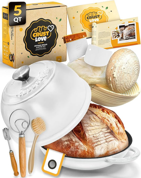 CRUSTLOVE Dutch Oven Bread Baking - 5QT Enamel Bread-Dome - incl Sourdough Bread-Baking Suppliers like Dough Whisk Scoring Lame etc Bread-Oven Cast Iron for Sour dough Bread-Pan with Lid, Bread-making