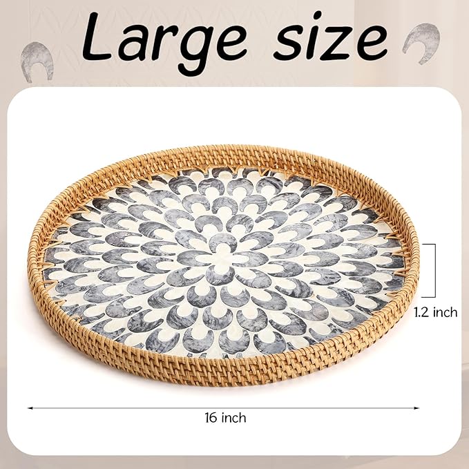16 inch Round Rattan Tray with Mother of Pearl Inlay Wicker Serving Tray with Wooden Base Boho Decorative Wicker Basket for Table Decor Bathroom Candle Perfume(Plume)