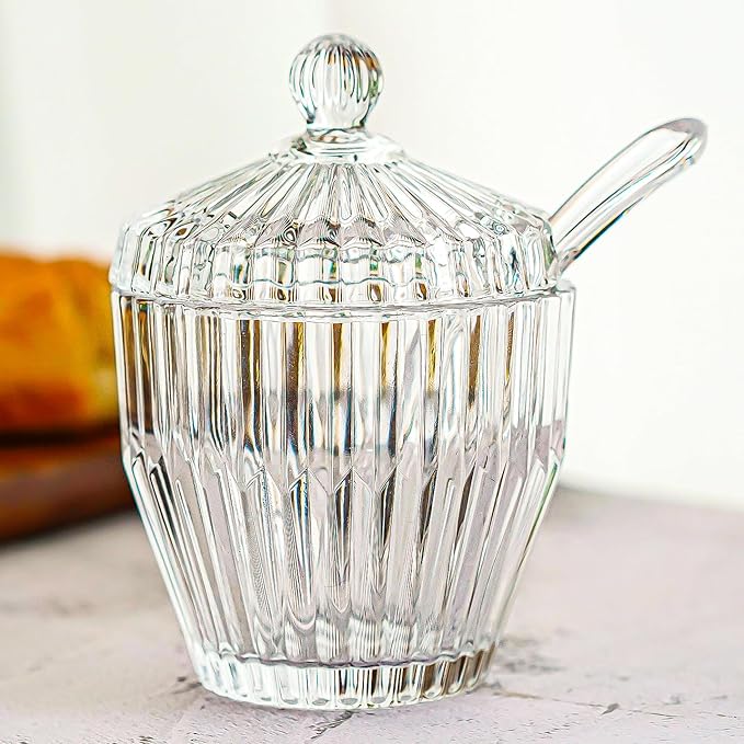 kanpura 1 Pack Clear Glass Sugar Bowl with Lid and Spoon Serving Spoon Salt Pot Sugar Holder Seasoning Pot Dispenser Container for Home Kitchen, Dishwasher Safe(5 OZ)