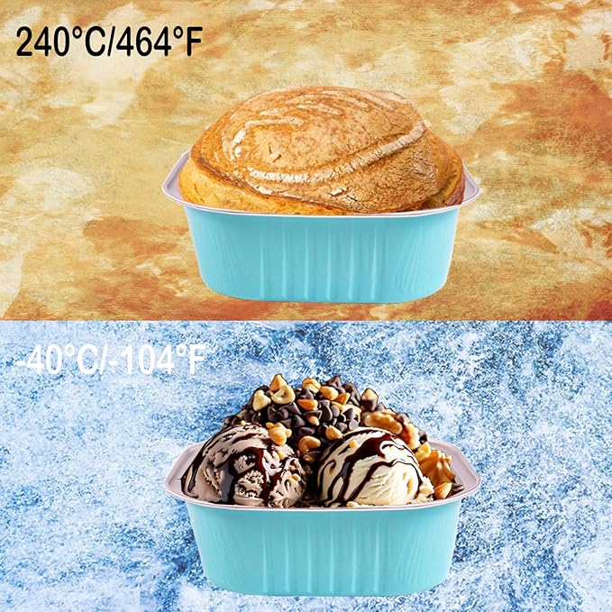 BZIDII 10oz Mini Cake Pans With Lids 50 Pack Aluminum Foil Square Brownie Baking Cups,4”x4” Disposable Loaf Pans With Lids and Spoons Stickers,Large Cupcake Pans Muffin Cake Tins Cake Container(Blue)
