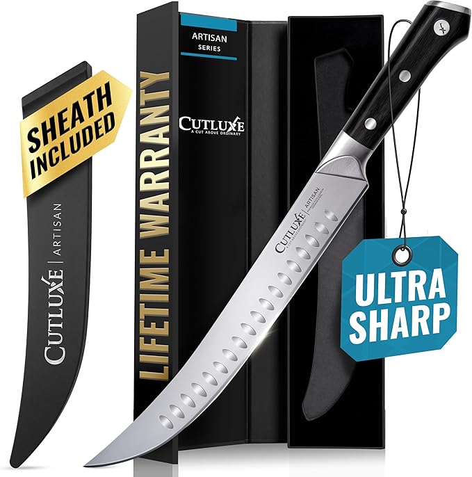 Cutluxe Butcher Knife – 10″ Cimeter Breaking Knife, Razor Sharp Forged High Carbon German Steel, Full Tang Meat Carving Knife, Ergonomic Handle Design, Grilling Gifts for Men – Artisan Series