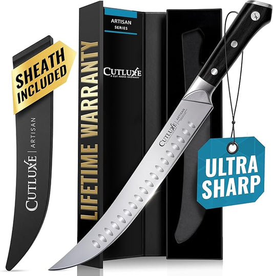 Cutluxe Butcher Knife – 10″ Cimeter Breaking Knife, Razor Sharp Forged High Carbon German Steel, Full Tang Meat Carving Knife, Ergonomic Handle Design, Grilling Gifts for Men – Artisan Series