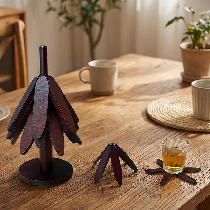 Tree Shape Trivet Set,Natural Wooden Walnut Color,5 Wooden Trivets + 1 Stand for Hot POTS、Bowls、Hot Dishes、Teapot，Foldable Kitchen Decor.