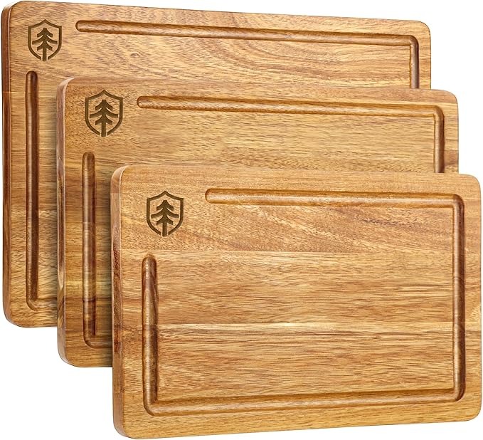 Amitlimate 3 PCS Cutting Boards for Kitchen, Premium Acacia Wooden Cutting Board Set with Built-In Handle and Juice Groove, Charcuterie & Chopping Butcher Block for Meat, Vegetables, Fruits (Brown)