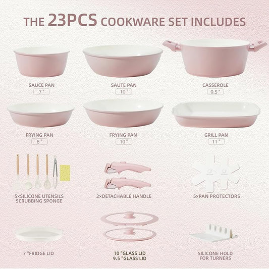 23pcs Ceramic Pots and Pans Set, Nonstick Detachable Handle Cookware, Induction Kitchen Cooking Set with Removable Handle,include Frying Pans & Saucepans Oven Safe(Pink)