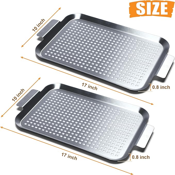 COOK TIME Grill Pan Set of 2, BBQ Grill Topper for Outdoor Grill, Stainless Steel Grilling Baskets with Holes and Handles, Perforated Food Tray Barbecue Accessories for Vegetable, Fish, Middle x 2