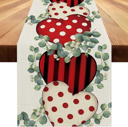 Valentines Day Table Runner 13x72 Inch, Eucalyptus Hearts Valentine Table Runner, Anniversary Home Kitchen Dining Table Holiday Party Decorations