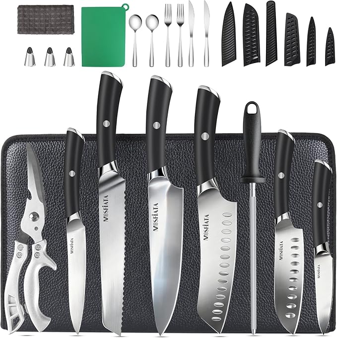 MOSFiATA 19 Pcs Japanese Stainless Steel Knife Sets for with Knife Sharpening Rod, Dishwasher Safe, For Outdoor