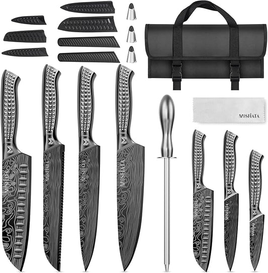 MOSFiATA Kitchen Knife Set, 12 Pcs Japanese Stainless Steel Knife Sets for Kitchen with Oxford cloth storage bag with Knife Sharpening Rod, Dishwasher Safe, For Outdoor(grey)