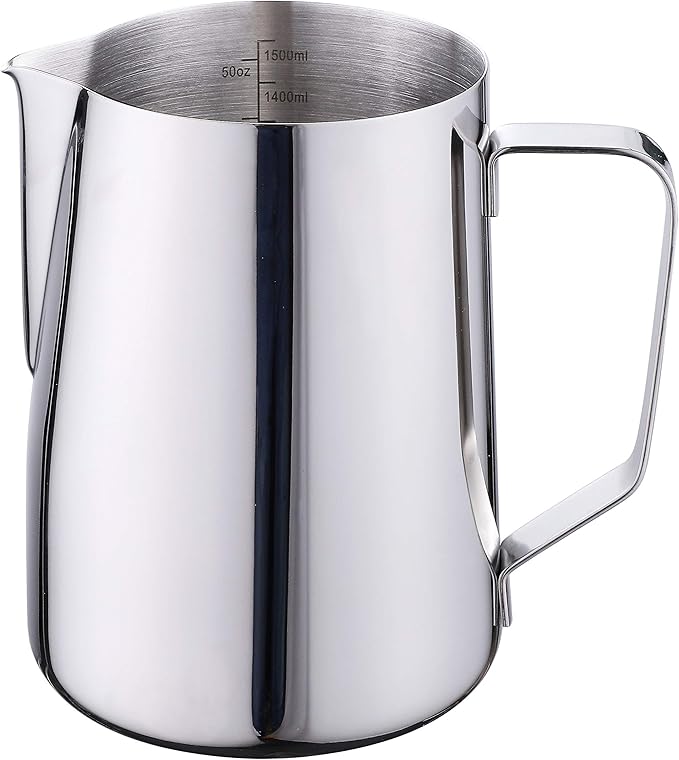 50oz Milk Frothing Pitcher Stainless Steel Cup Double Measurement Scales Perfect for Latte Art,Espresso Maker,Cappuccino Maker-18/8 Stainless Steel Milk Frother Steaming Pitcher