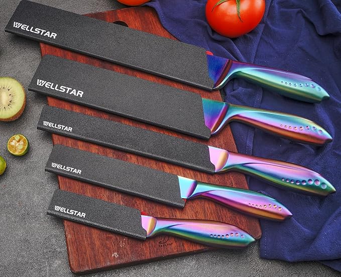 WELLSTAR Knife Edge Guards Set, 5 Piece Universal Blade Covers, BPA Free ABS Protective Blade Sheaths, Non-Scratch Felt Lining Kitchen Knives Covers (Knives not included)